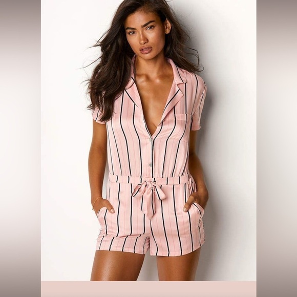 Victoria's Secret Pink Striped Short Sleeve Romper silky pajamas lounge comfort - Picture 1 of 11